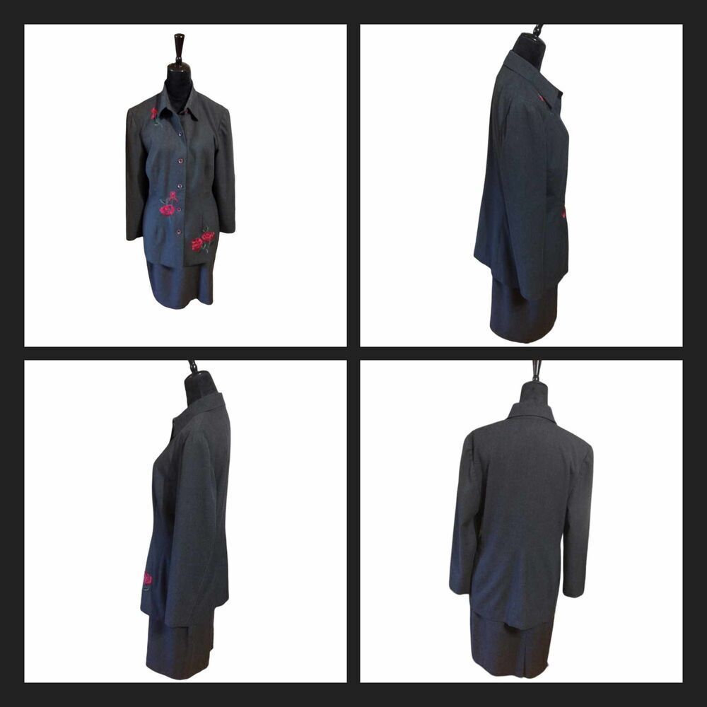 Donna Morgan Skirt Suit Sz12 Detail Beaded Floral Embroidery Lined Gray Career!